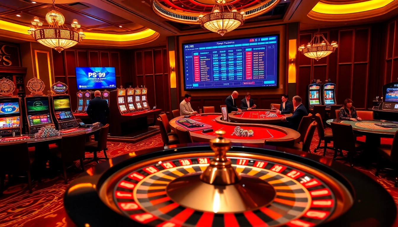 Players enjoying an exciting game at PS 99 casino with luxurious tables and vibrant slot machines.