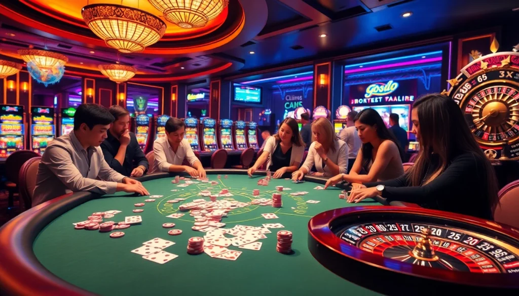 Players enjoying the excitement of go 88 at a luxurious casino table with vibrant chips and cards.
