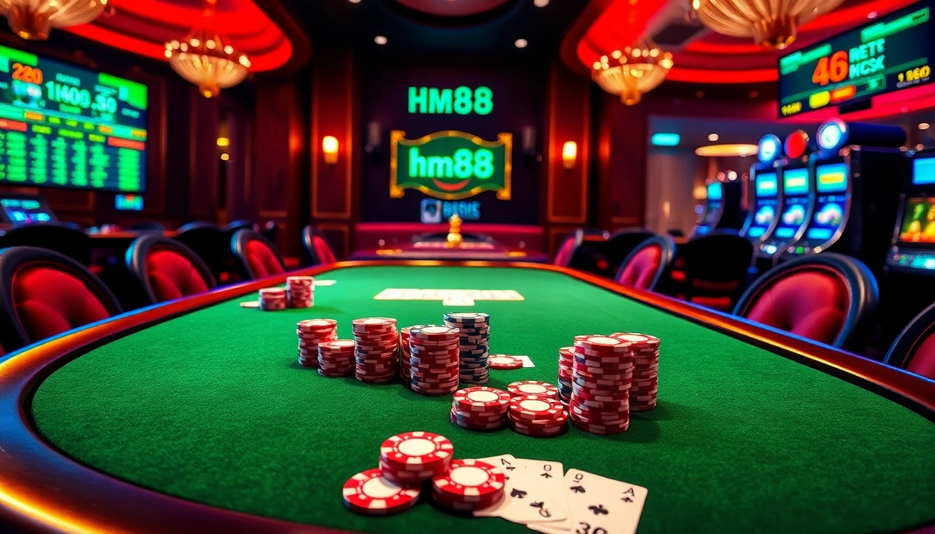 Experience the thrill of gambling at hm88 with vibrant poker tables and dazzling roulette wheels.