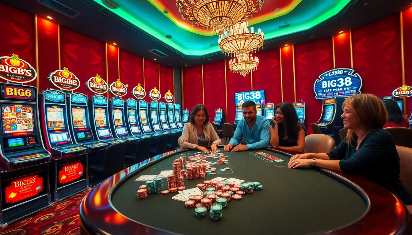 Gamblers play exciting games at Big88's luxurious casino, featuring vibrant slot machines and poker tables.