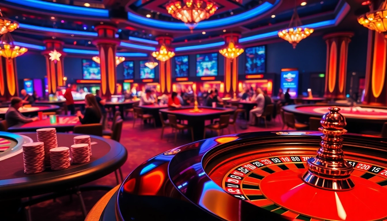 Experience the thrill of e2bet with players enjoying poker and roulette in a luxurious online casino setting.