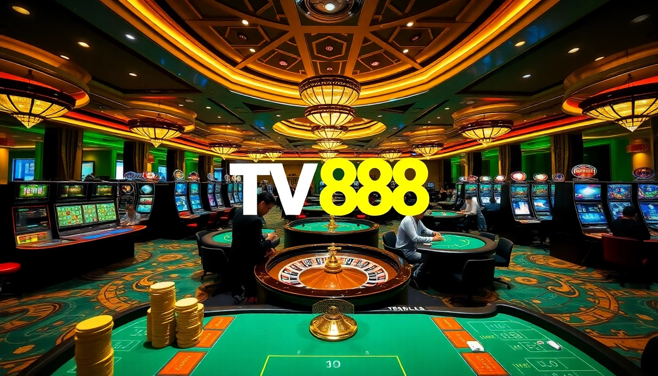 Players enjoy thrilling table games and slot machines at TV88 casino, celebrating wins in luxury.