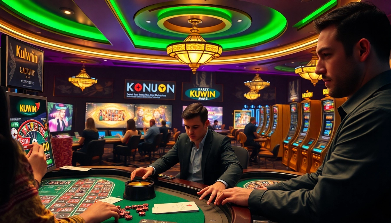 Experience the excitement of KUWIN with a dynamic online gambling interface showcasing poker chips and slot machines.