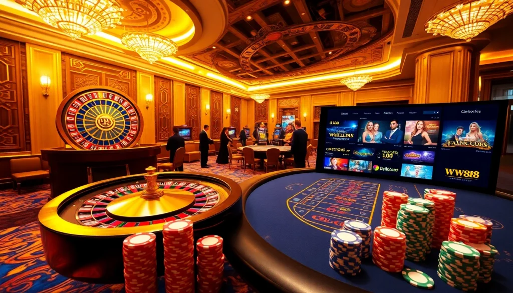 Experience the excitement of WW88 with vibrant casino games, poker chips, and a roulette wheel.
