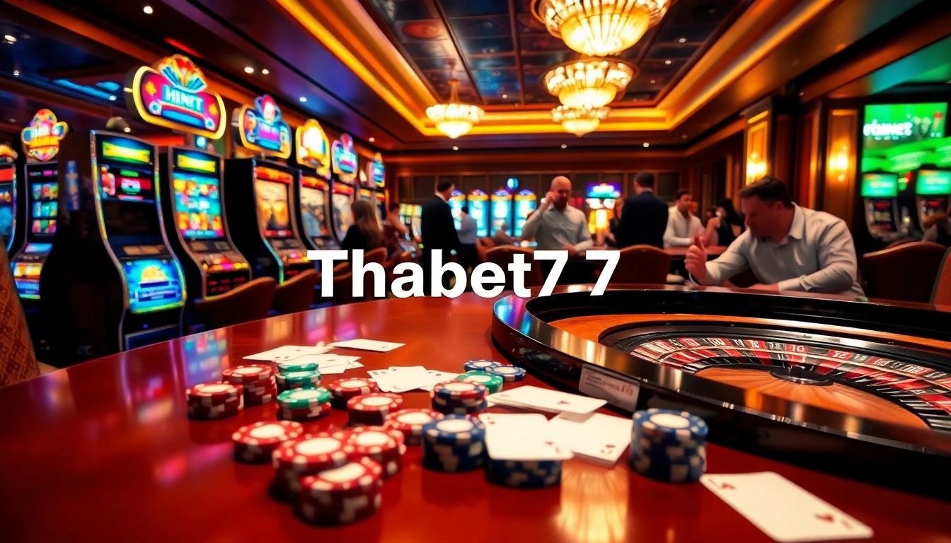 Thrilling gambling experience at Thabet77 with luxurious casino tables and vibrant slot machines.