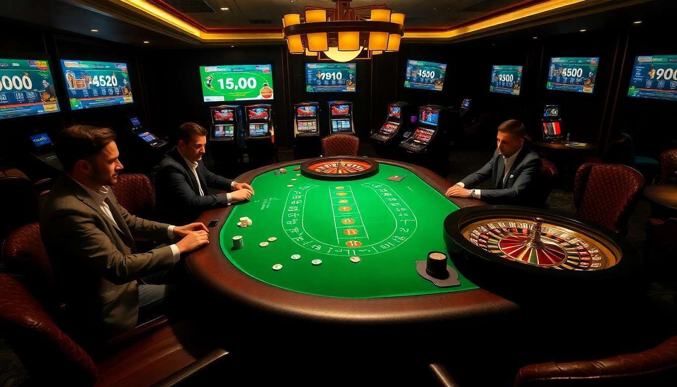 An intense poker game in a luxury casino setting, showcasing excitement at https://jun88pl.com/ with professional gamblers and high-stakes poker chips.