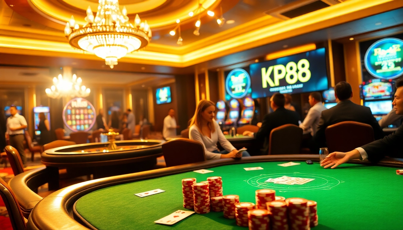 Kp88 professional poker table scene highlighting strategic gameplay and luxury casino atmosphere.
