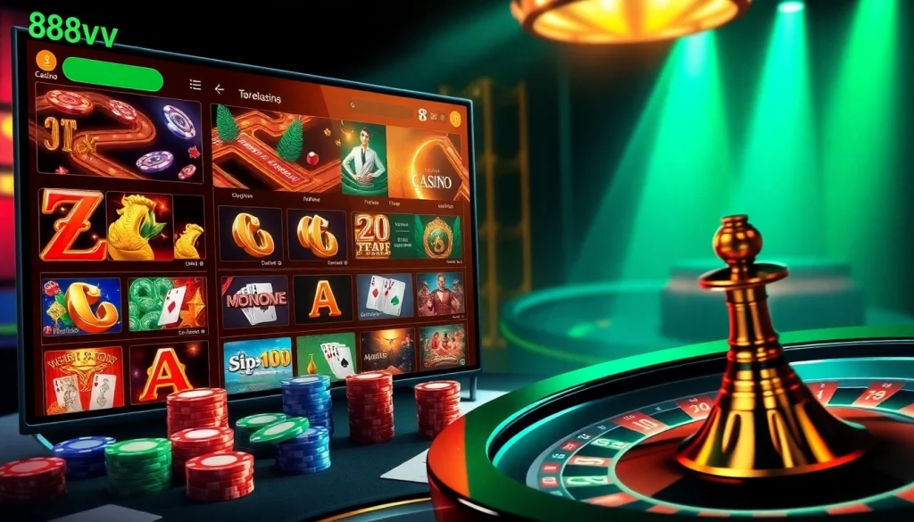 Exciting online casino experience at 88vv featuring poker chips and live gaming tables.