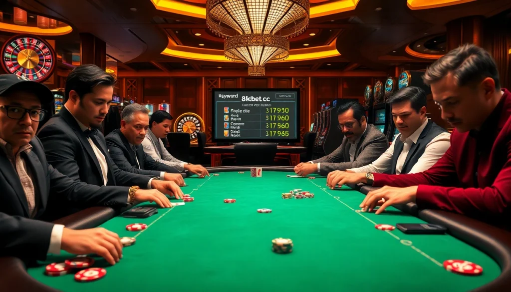 Experience high-stakes action at 8kbet cc's luxurious casino with players enjoying poker.