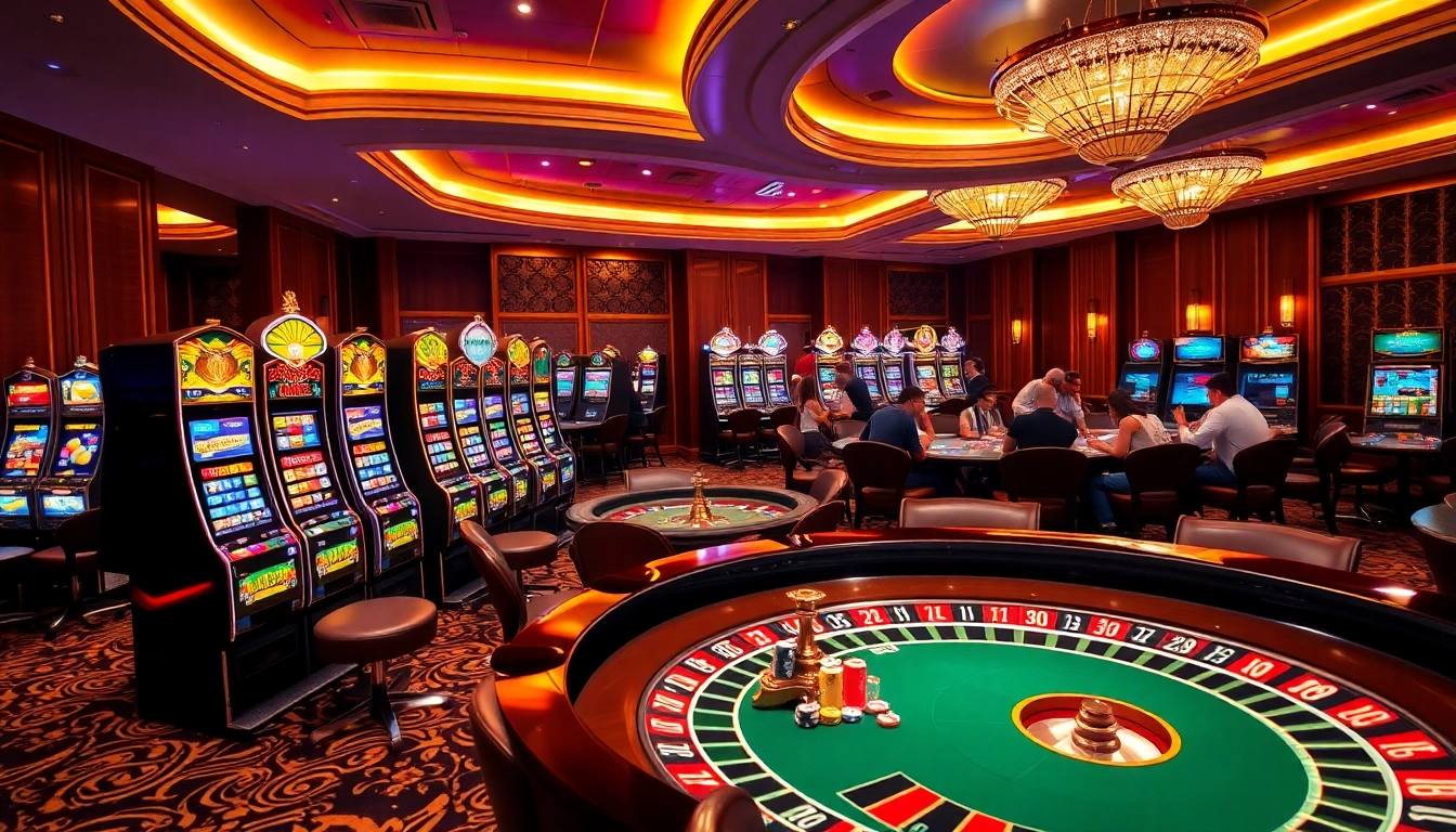 Engaged players experiencing mm88 casino gaming with vibrant slot machines and roulette.