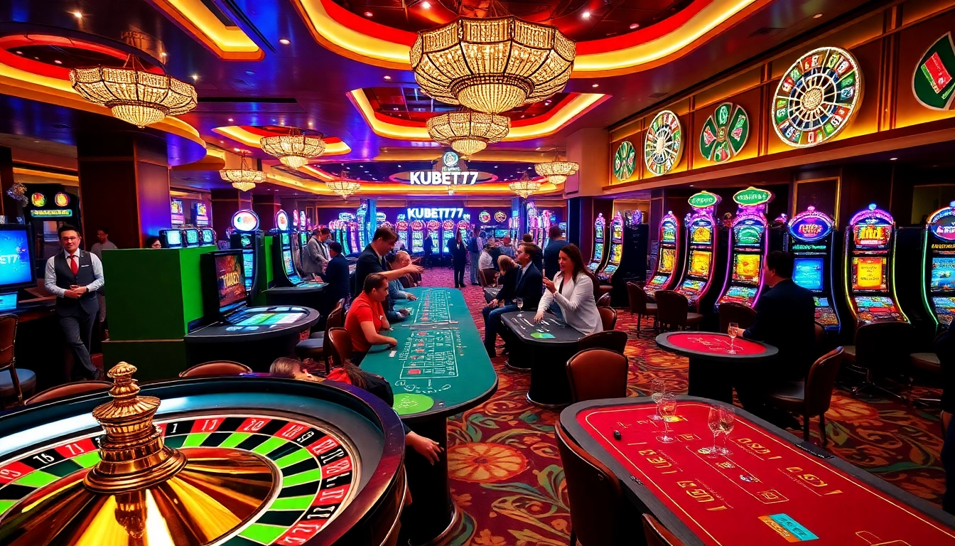 Players enjoying thrilling games at KUBET77 casino, showcasing excitement and luxury.