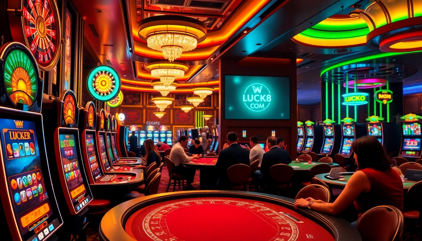 Exciting casino action featuring vibrant slot machines, roulette wheels, and LUCK8 COM branding.