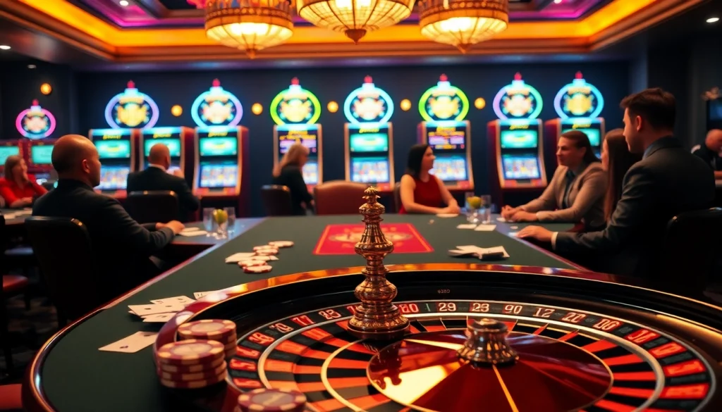 Experience the excitement of 8kbet at a luxury casino with vibrant tables and slot machines.