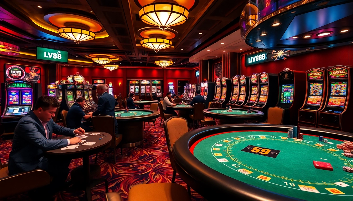 Players engaging in high-stakes poker at LV88 casino with vibrant slot machines in the background.