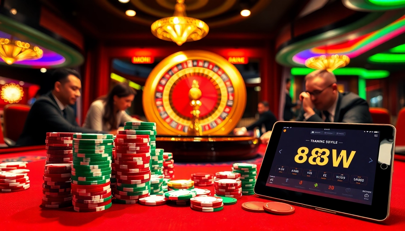 Players enjoying a thrilling poker game at 58win casino, showcasing colorful chips and cards.
