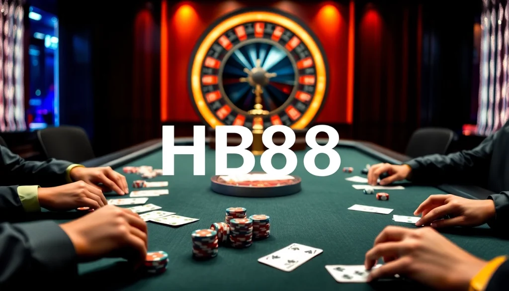 Players engaging in high-stakes poker at HB88 casino, showcasing excitement and strategy.