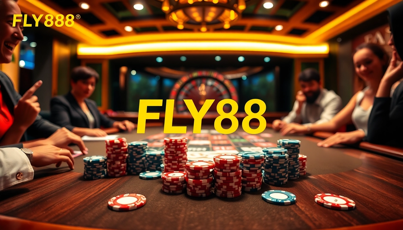 Experience the thrill of FLY888 with a vibrant casino scene featuring poker chips and cards.