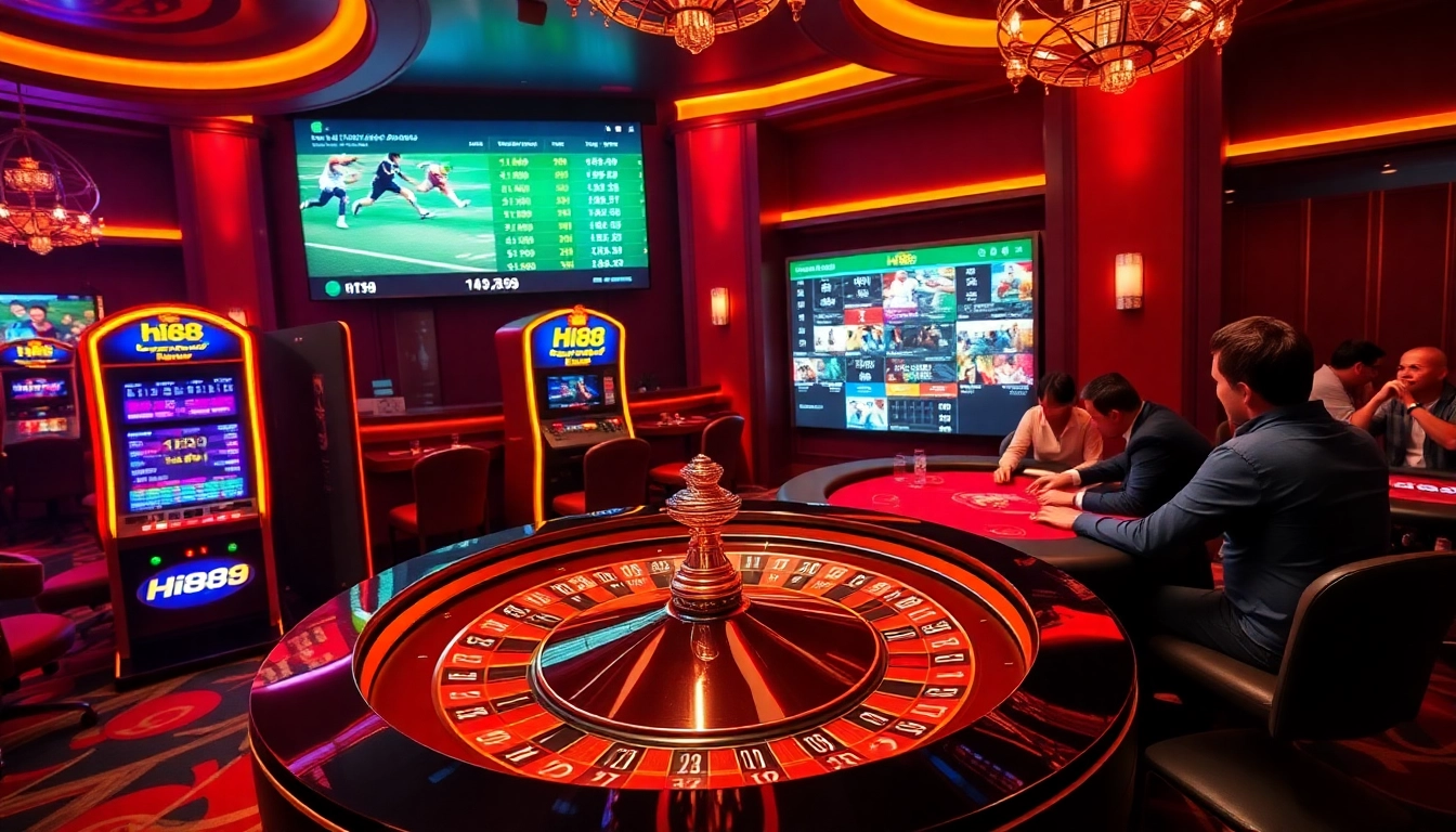 Experience exhilarating gaming at Hi88's luxurious casino tables with players enjoying poker and roulette.