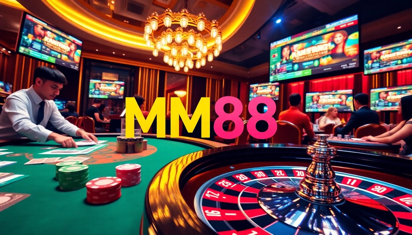 MM88 casino scene showcasing intense gaming with vibrant poker chips and roulette wheel action.