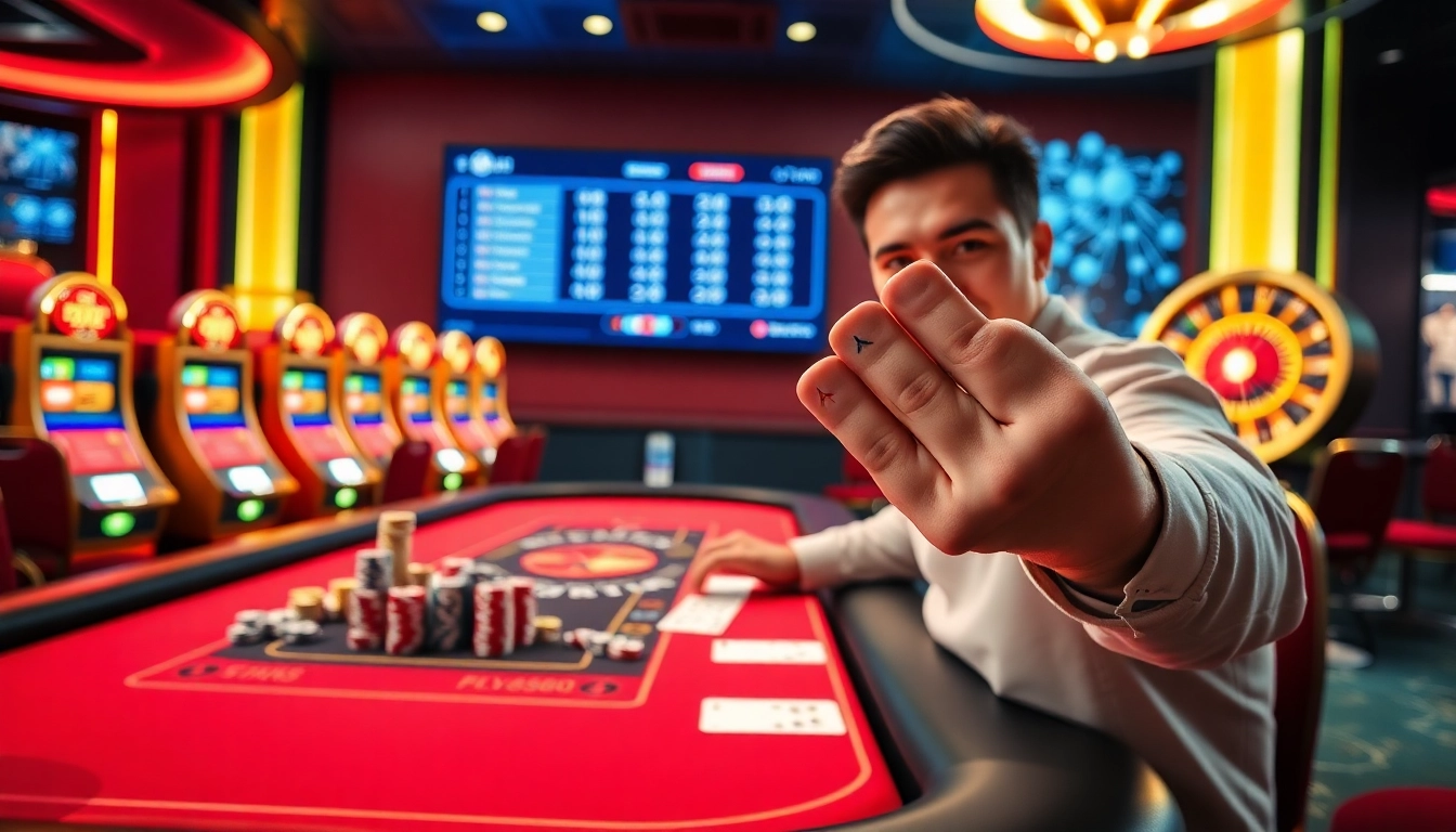 Experience the thrill of FLY888 at a luxurious casino with vibrant poker chips, cards, and lights.
