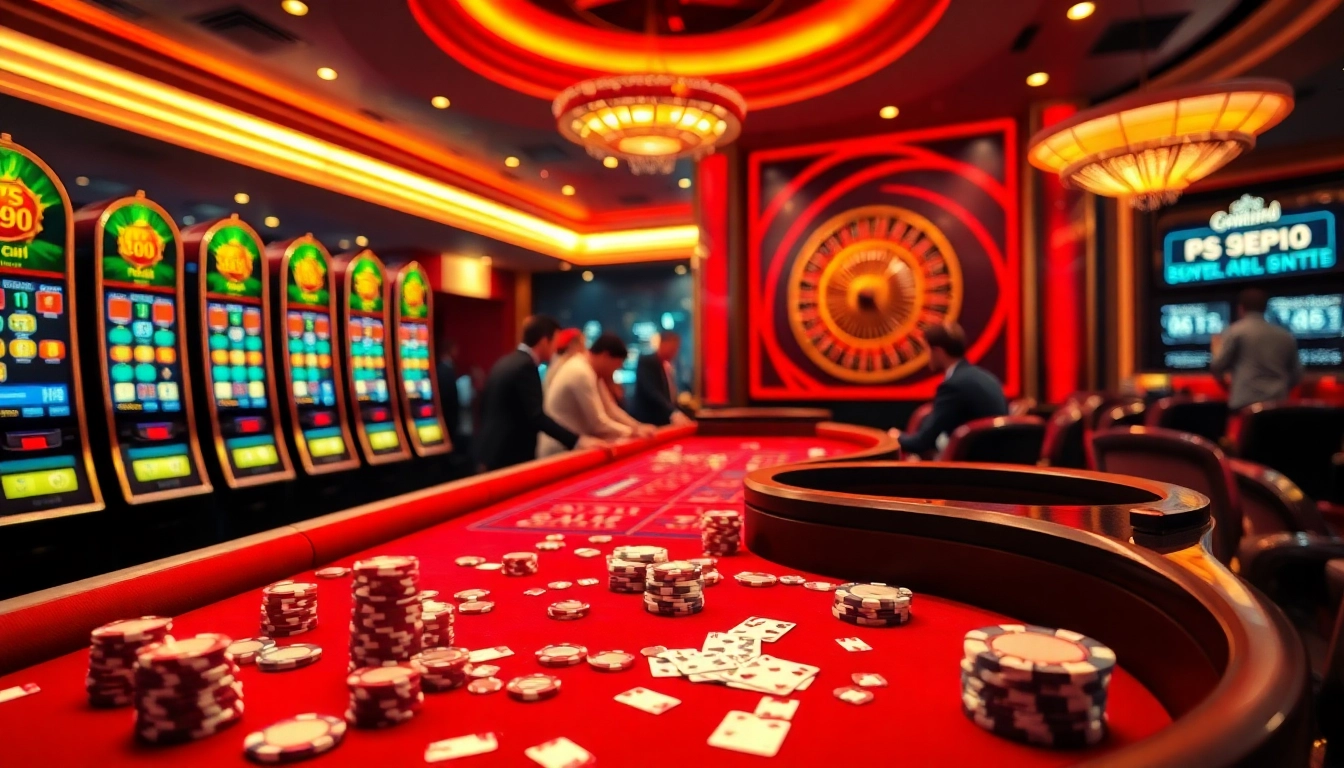 Players engaging at the PS 99 casino table, surrounded by vibrant slot machines and poker chips.
