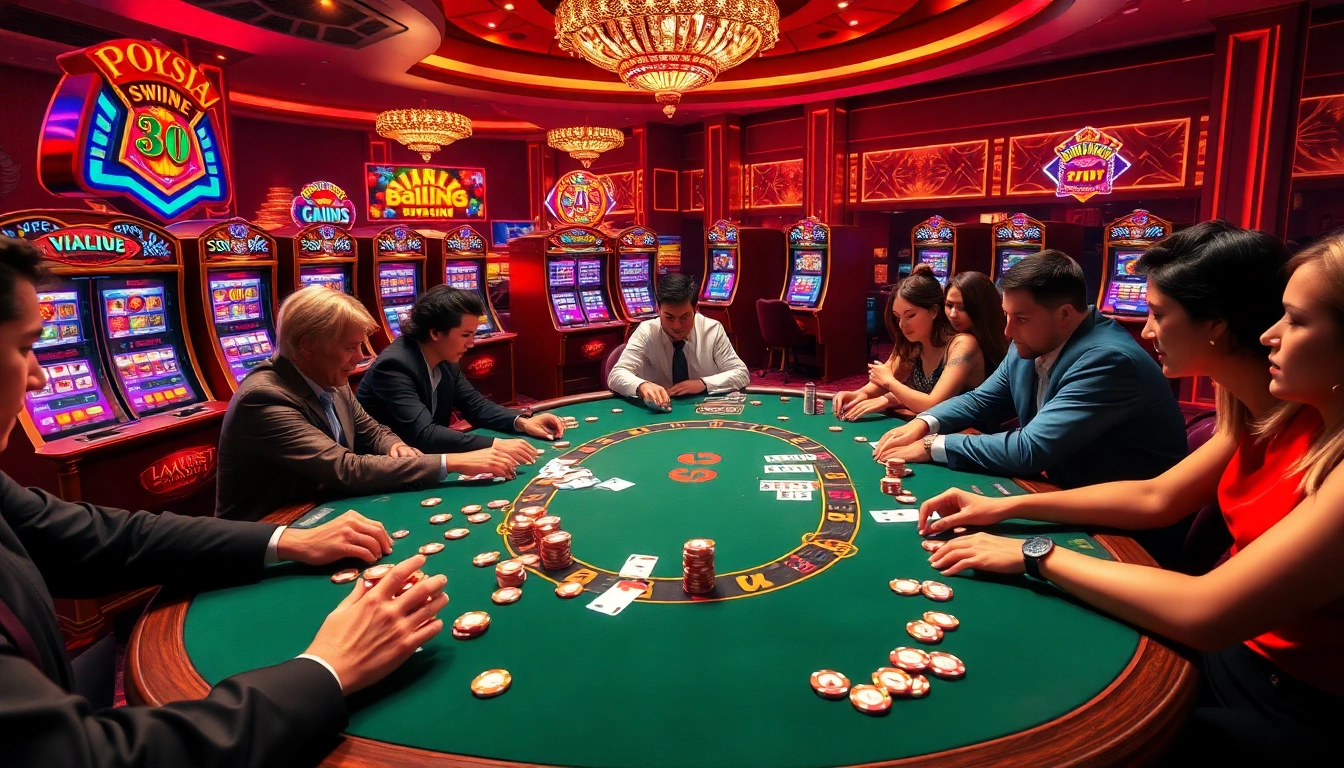 Attract gamblers with a vibrant casino scene at https://ok365vvip.com/, featuring an elegant poker table and slot machines.