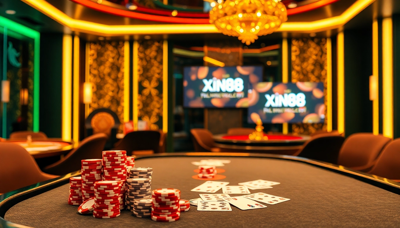XIN88 online gambling scene featuring poker chips, cards, and roulette wheels.