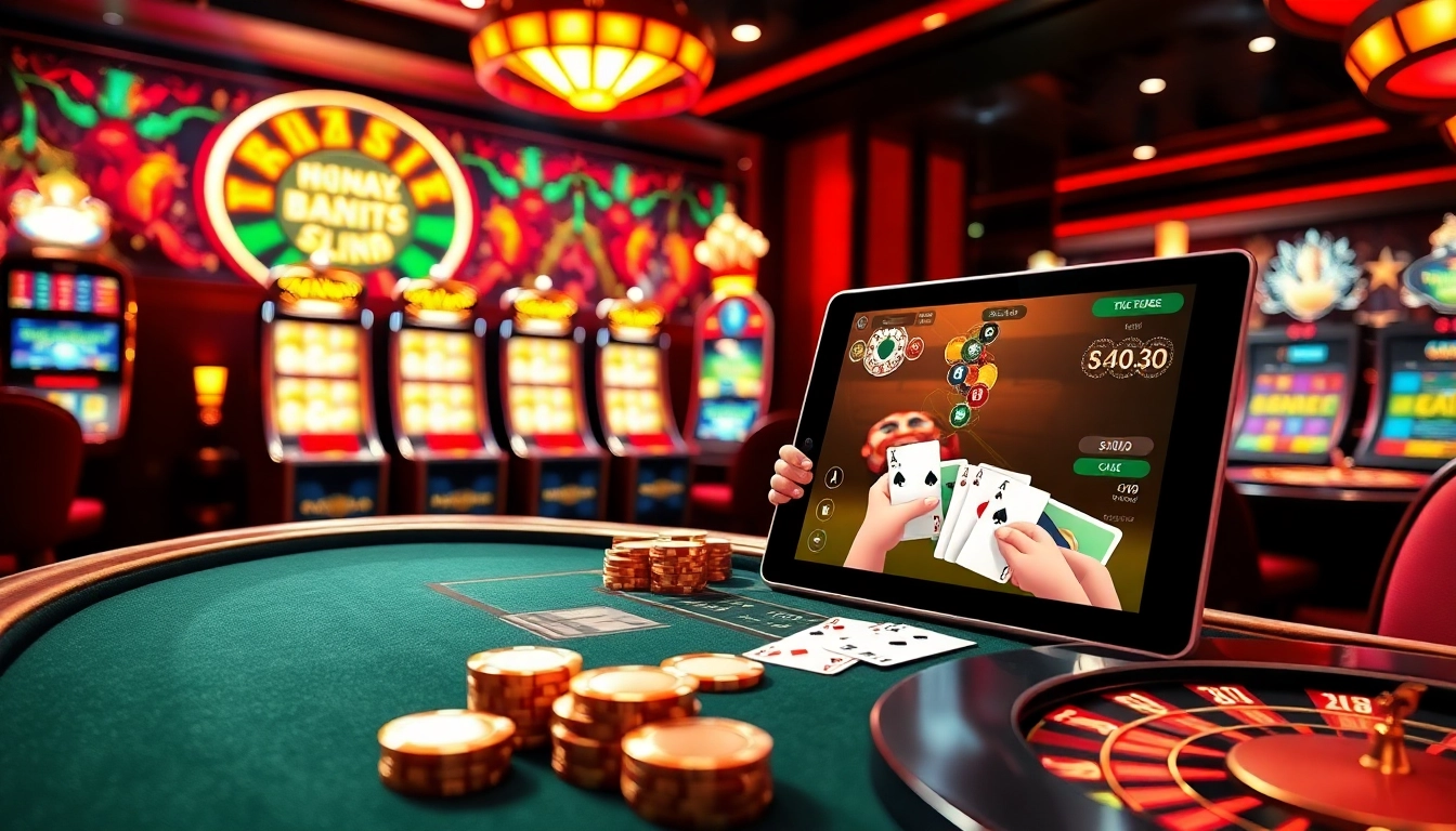 Experience the excitement of online gambling at https://rikvip1.online/ with vibrant casino scenes showcasing live poker and slot machines.