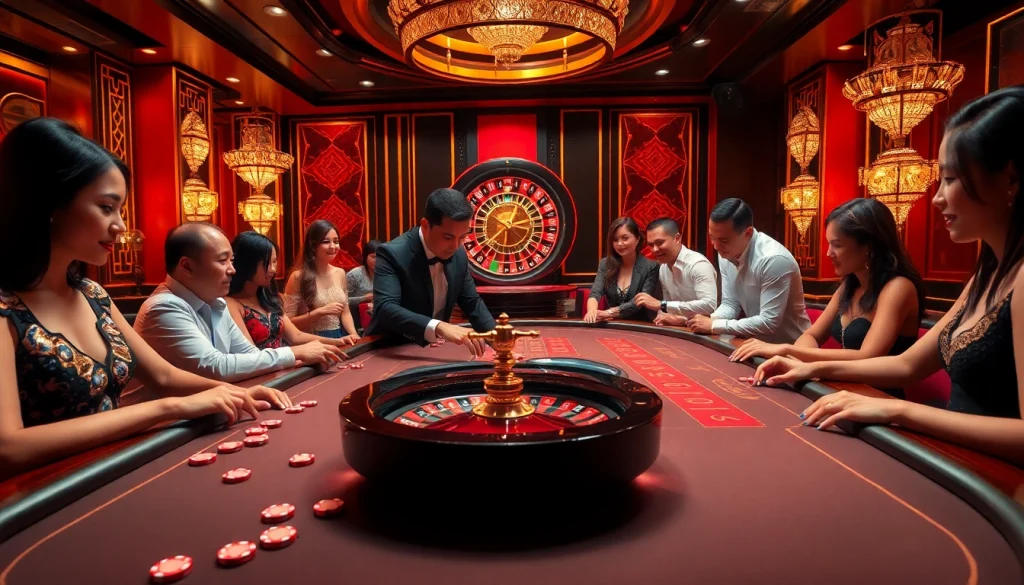 Players enjoying a thrilling MV88 gaming experience at a casino table with vibrant decor.