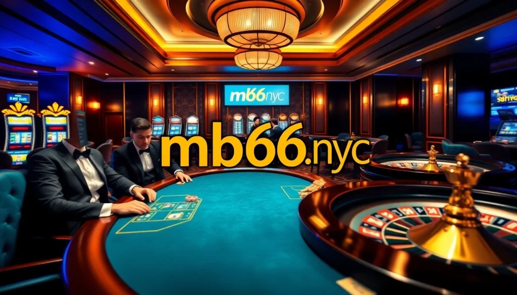An engaging scene of high-stakes poker play at mb66.nyc with vibrant slot machines and a spinning roulette wheel.