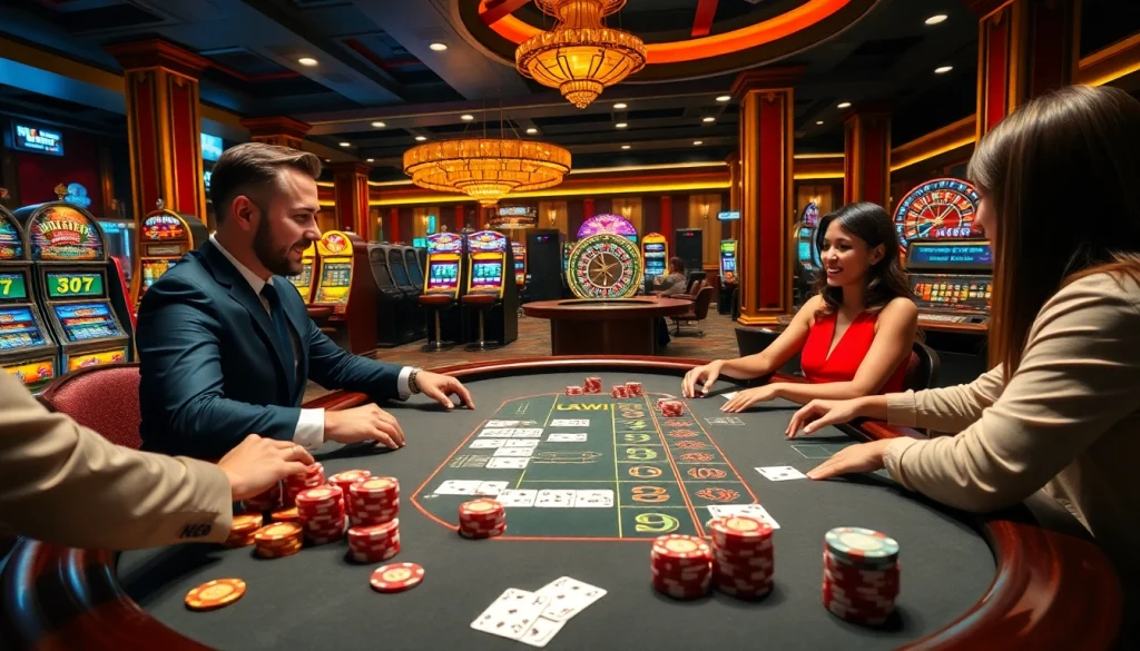 Exciting gaming scene at a casino with 58win branding, showcasing a dealer and players.