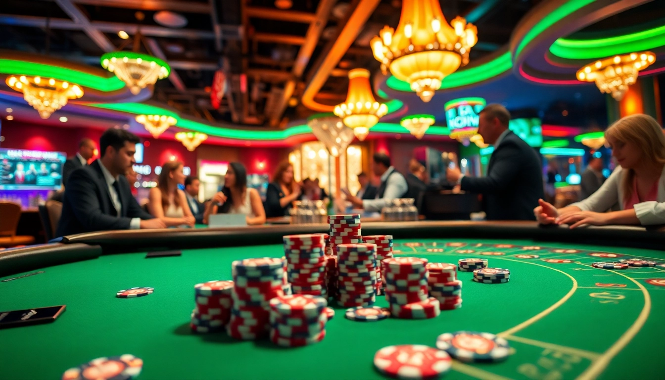 KJC casino scene showcasing players enjoying poker and roulette in a vibrant, luxurious atmosphere.