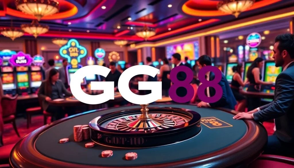 Gambling excitement at GG88 casino with vibrant tables and slot machines.
