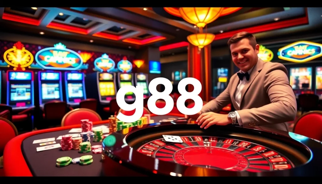 Experience the excitement of g88 gaming with vibrant poker chips and a roulette wheel at a luxurious casino.