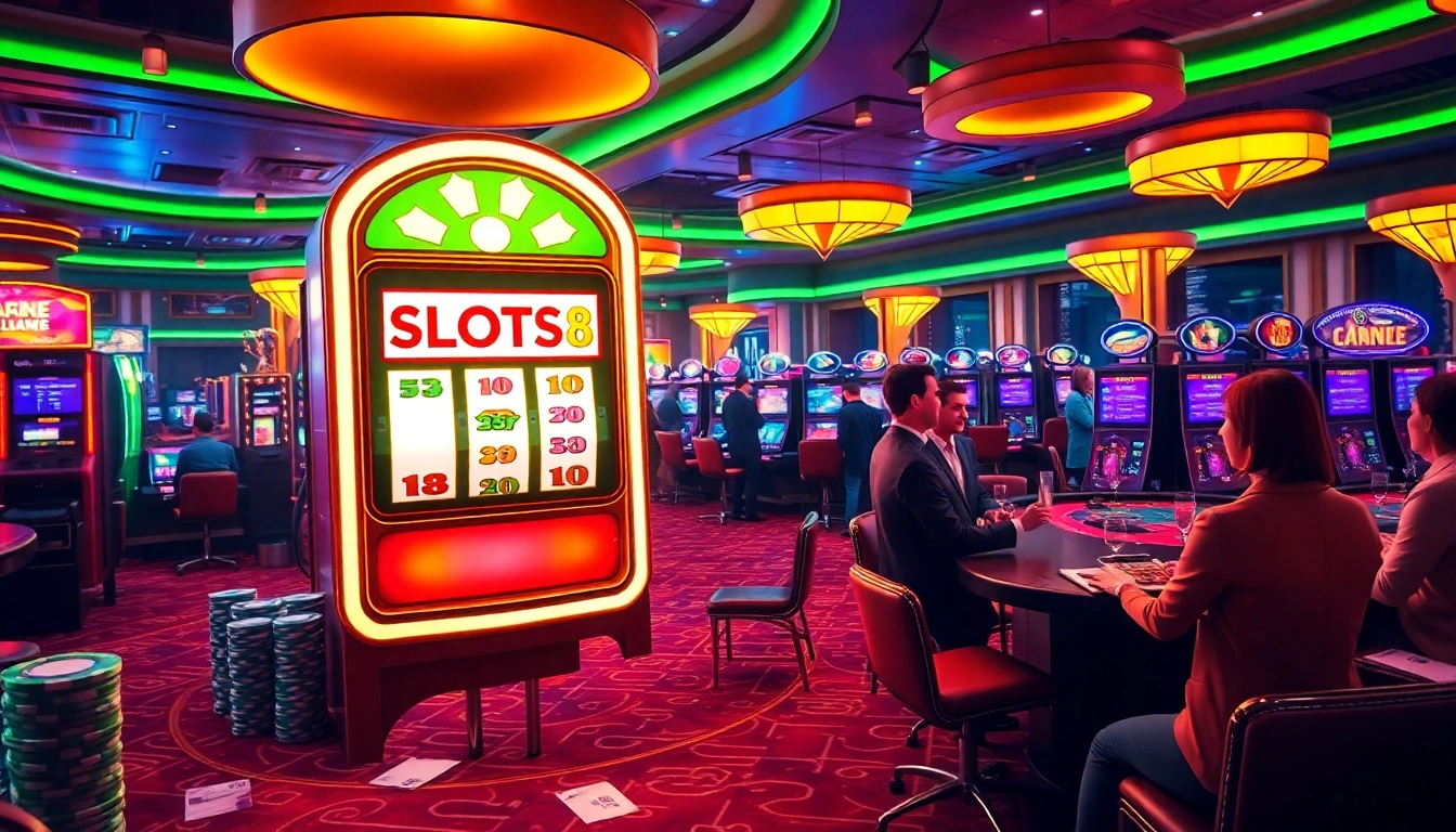 SLOTS8 slot machine amidst colorful poker chips and casino tables, creating an exciting gambling atmosphere.