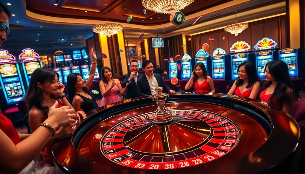 Players enjoying a thrilling experience at KP88's high-energy roulette table in a luxurious casino environment.
