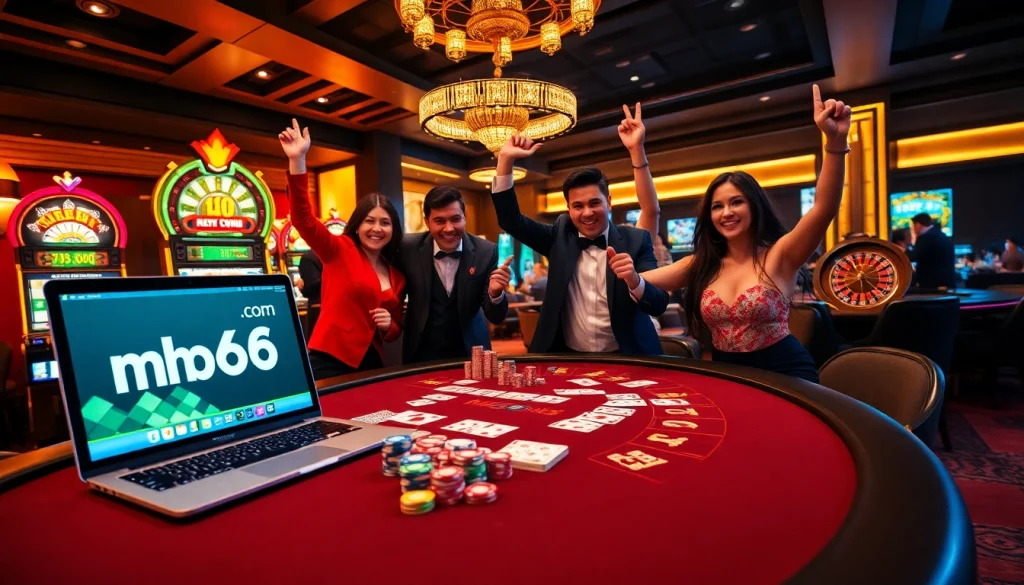 Experience the vibrant excitement of mb66 com with a luxurious casino atmosphere featuring poker and slot games.