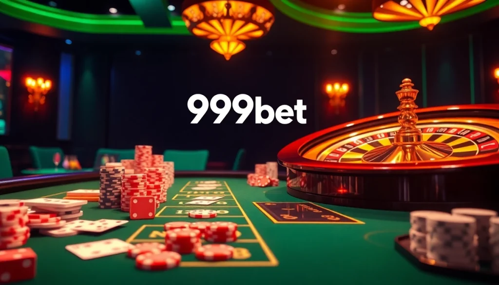 Experience the excitement of 999bet with vibrant casino visuals showcasing cards and roulette.