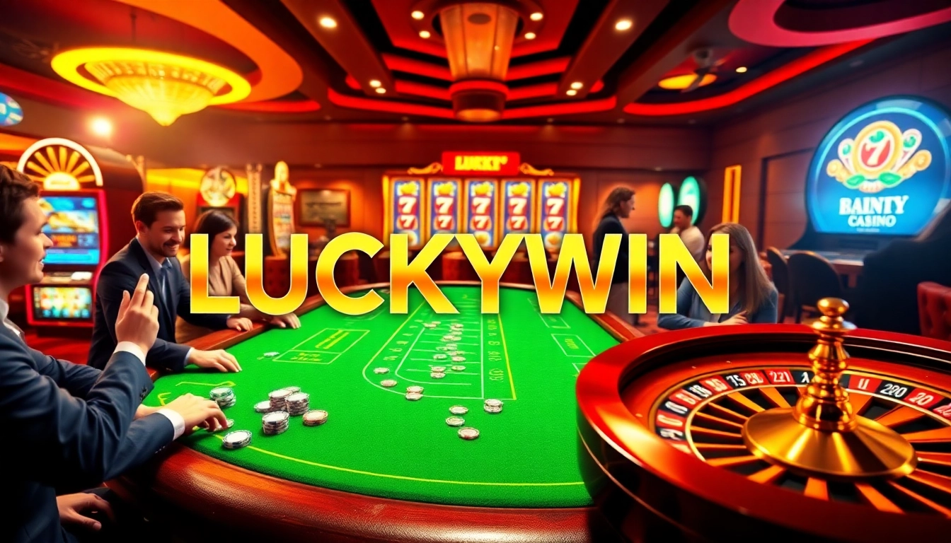 Playing LUCKYWIN at a luxurious casino table surrounded by excitement and vibrant gameplay.