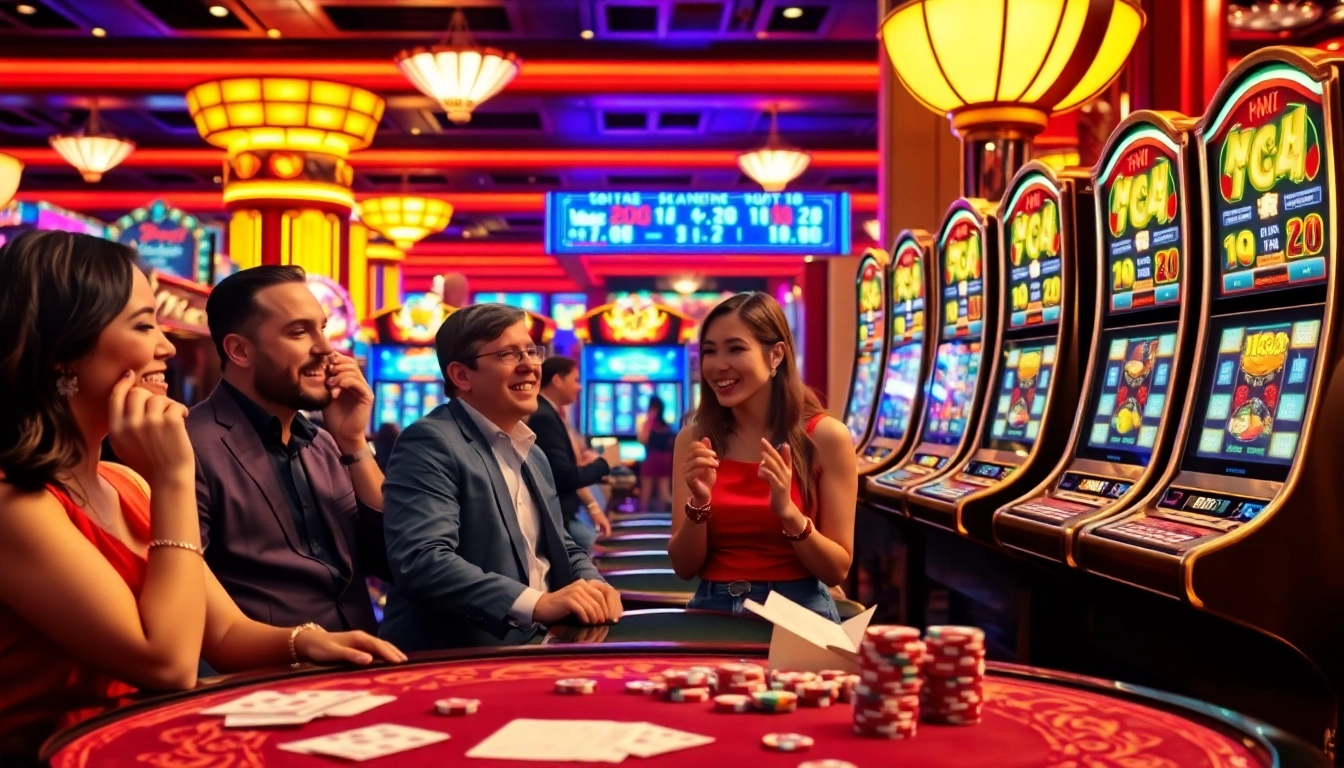 Players enjoying nổ hũ slot machines in a vibrant casino atmosphere.