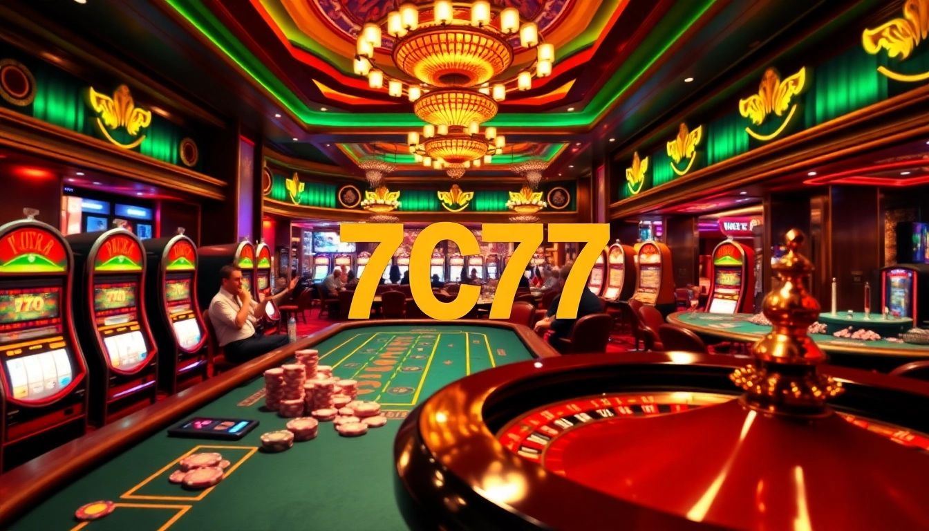 Experience the thrill of 7C77 with vibrant gambling visuals including poker chips and roulette wheels.