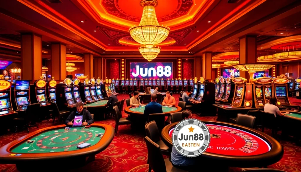 Excited players gamble at high-class tables inspired by https://jun88pl.com/ showcasing vibrant slot machines and roulette.