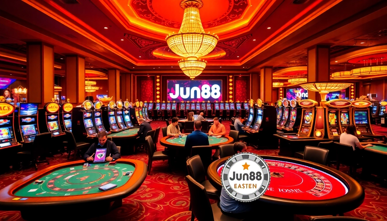 Excited players gamble at high-class tables inspired by https://jun88pl.com/ showcasing vibrant slot machines and roulette.