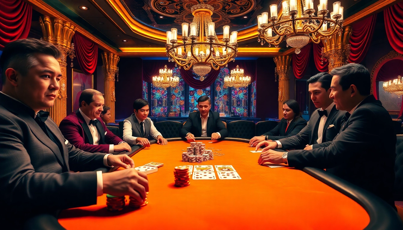Engaged players at a luxury poker table showcasing strategies in the dazzling environment of https://bl555.design/.