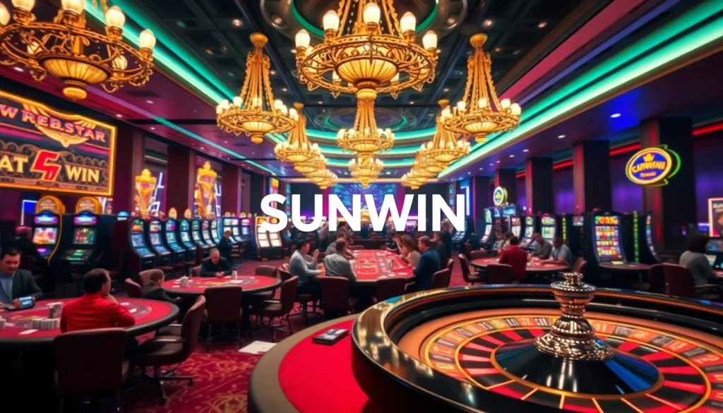 Players strategizing in a SUNWIN-themed luxurious casino, showcasing thrilling card games and vibrant slot machines.
