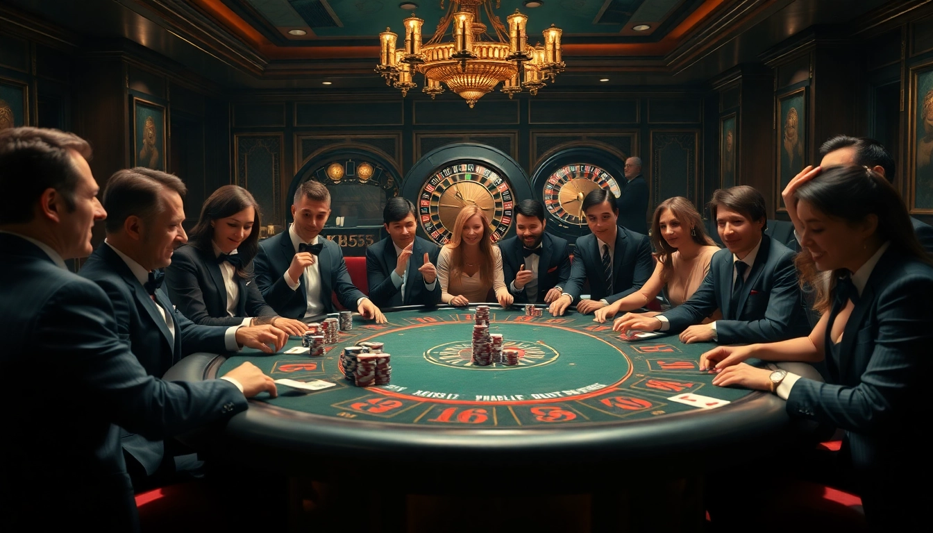 Players enjoy thrilling poker action at a KK55-themed table in a luxurious casino setting.