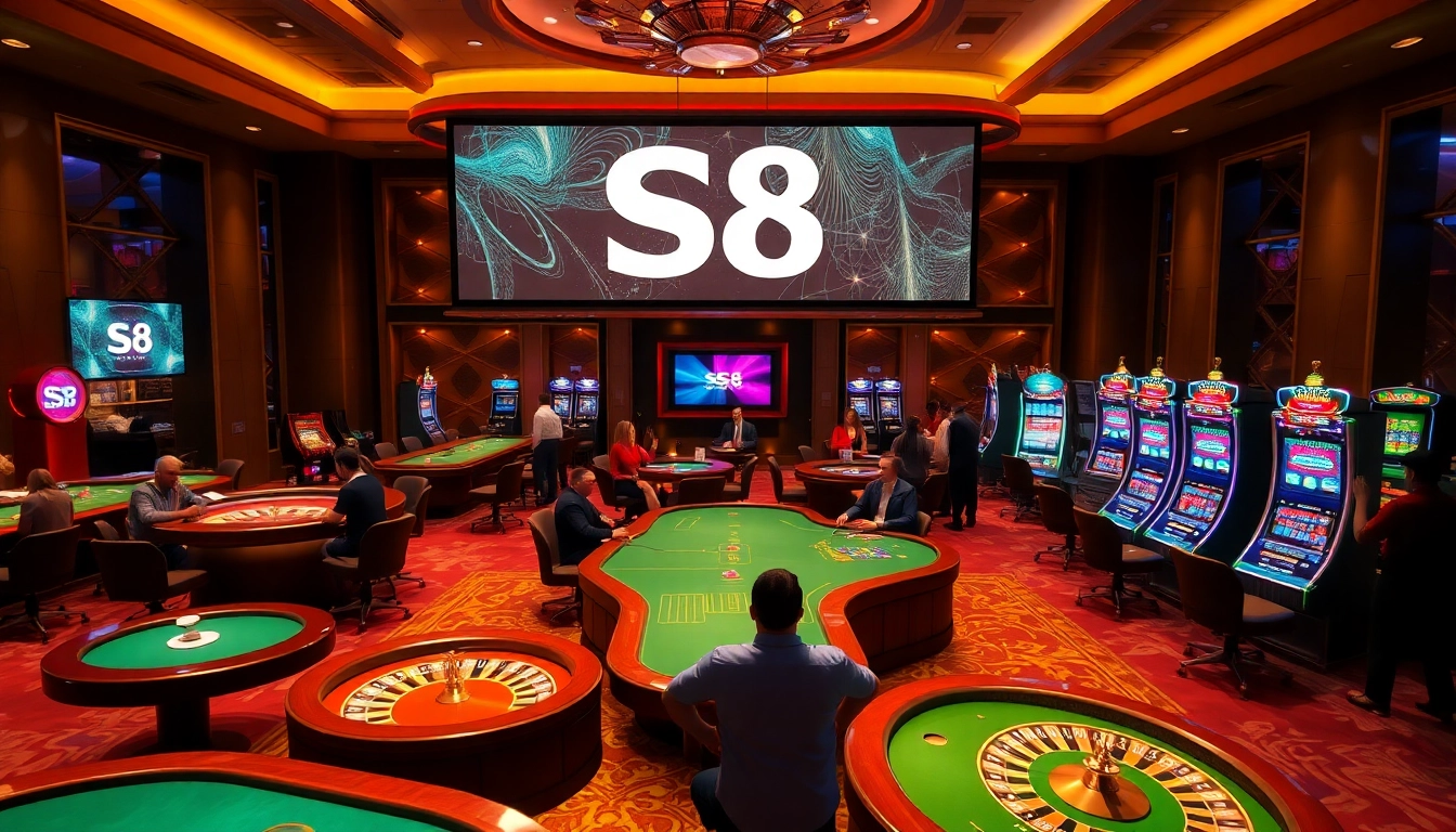 S8 casino interface displaying poker tables and slot machines amidst a vibrant gambling atmosphere.