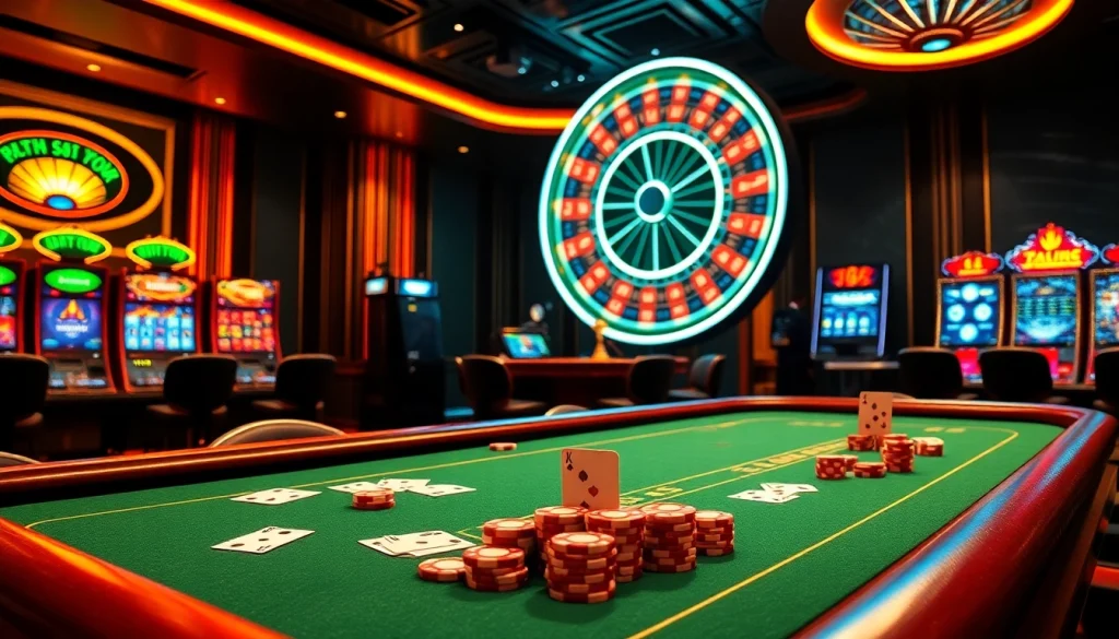 Experience the thrill of Nhà cái Fly88 with dynamic casino tables, glowing slot machines, and vibrant poker chips in an upscale setting.
