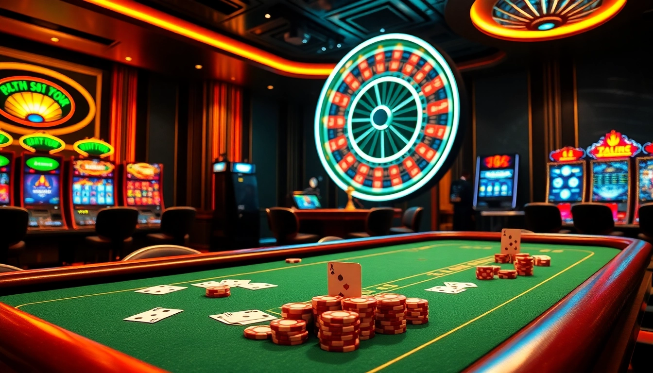 Experience the thrill of Nhà cái Fly88 with dynamic casino tables, glowing slot machines, and vibrant poker chips in an upscale setting.