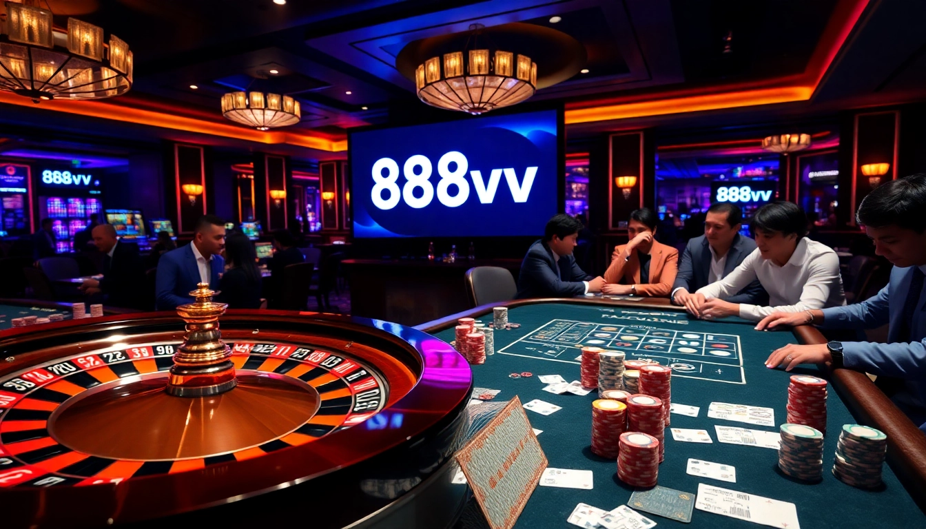 Experience the excitement of 88vv with a luxurious casino atmosphere, featuring roulette and poker chips.